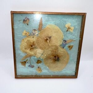 Vintage Dried Press Flowers Glass Square Trivet Signed